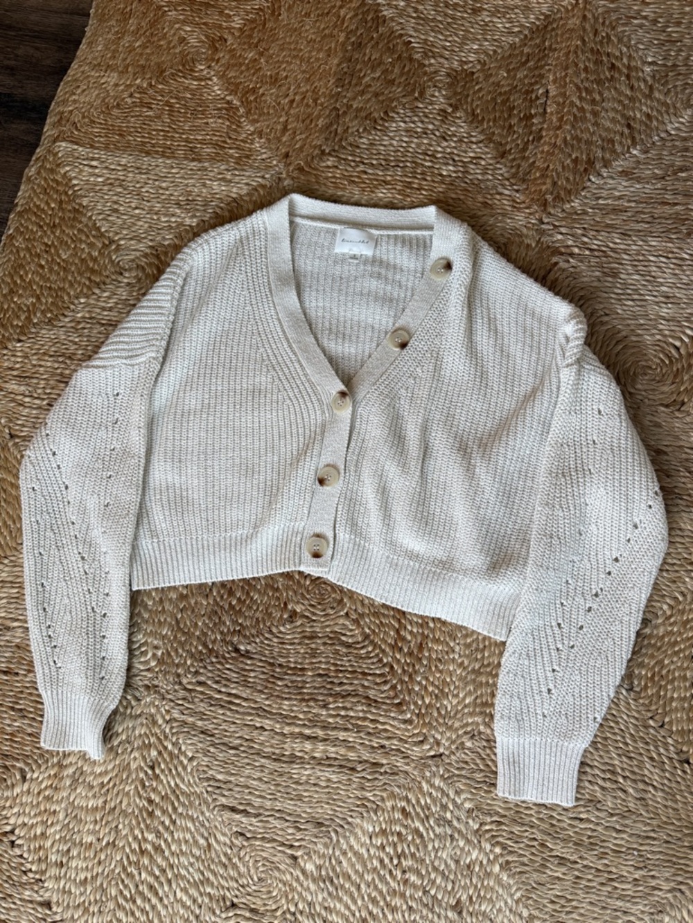 Line & Dot Cropped V-Neck Button Cardigan - Cream